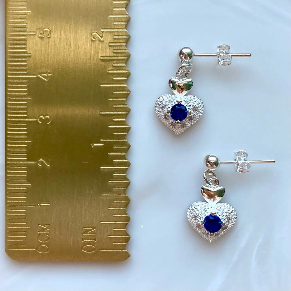 Silver Heart Drop Earrings with Blue Crystal Accent